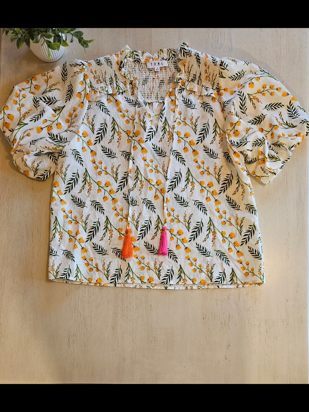 THML White Floral Top with Yellow Accents